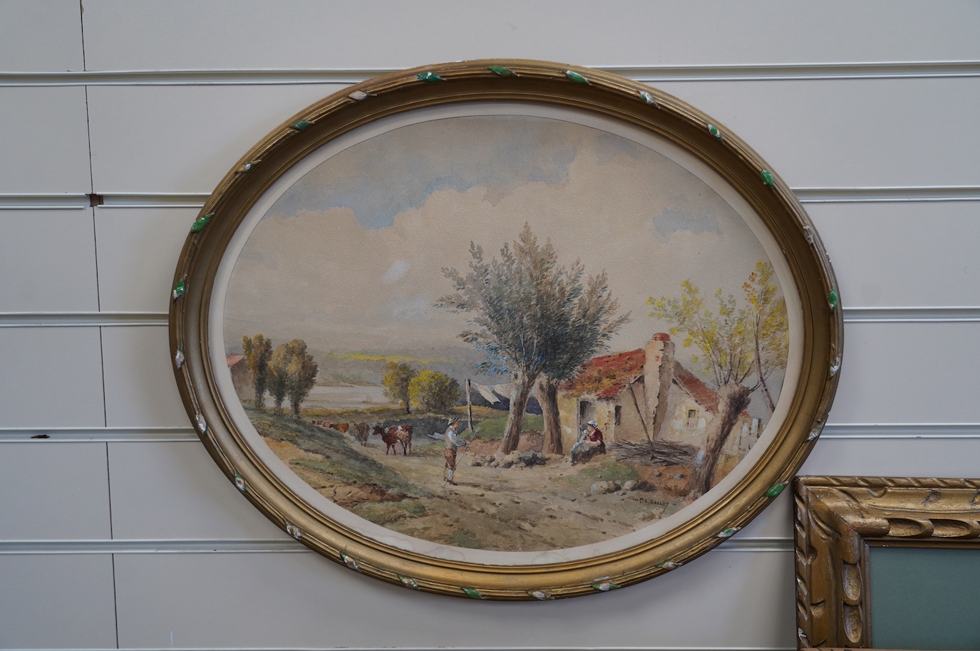 Charles Dalley (19th/20th. C), watercolour, Farmyard scene, signed, oval 37 x 47cm, gilt frame. Condition - poor